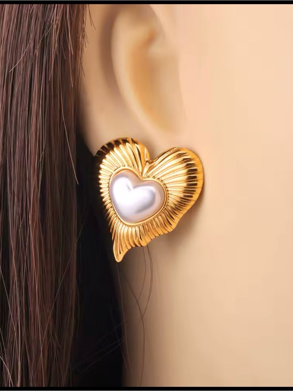 18k Gold plated Heart Earrings with Pearl Center - Women Jewelry